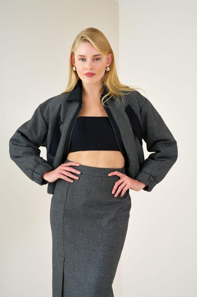 Gri Fermuarlı Ceket Midi Etek Takım