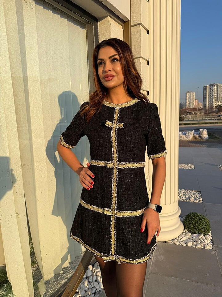Tuvid Gold Detaylı Siyah Elbise
