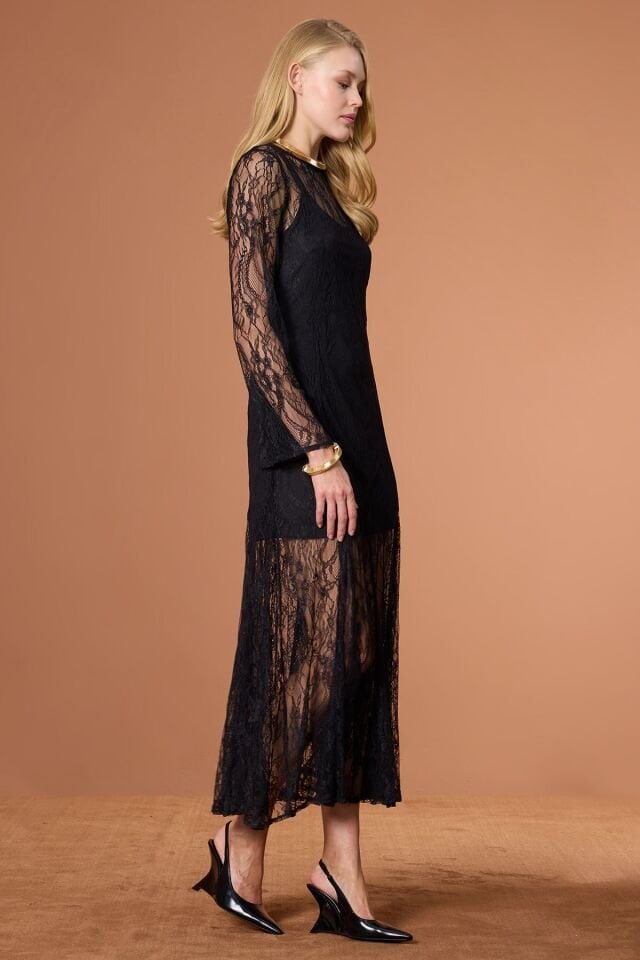 Dantelli Maxi Elbise Siyah